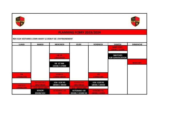 2023 2024 planning entrainement fcbry